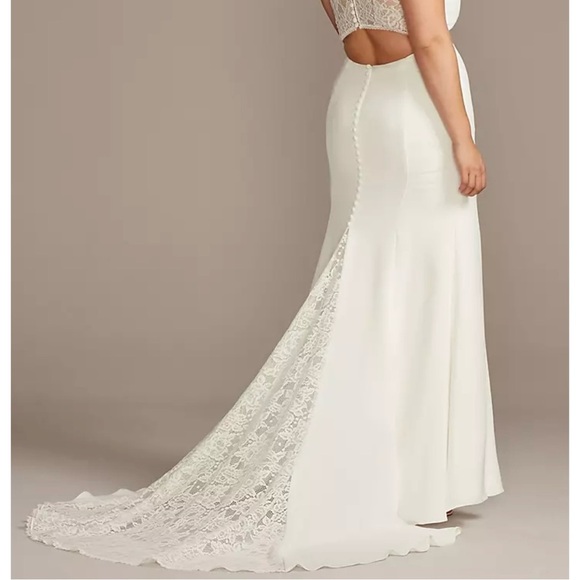 DAVID'S BRIDAL Sheer Back Crepe Wedding Dress with Lace Train - Picture 2 of 14